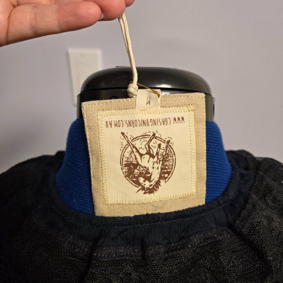 Chasing Unicorns Fly Like an Eagle Silk Chiffon Blouse, Black and Navy, M, NWT - Picture 5 of 5